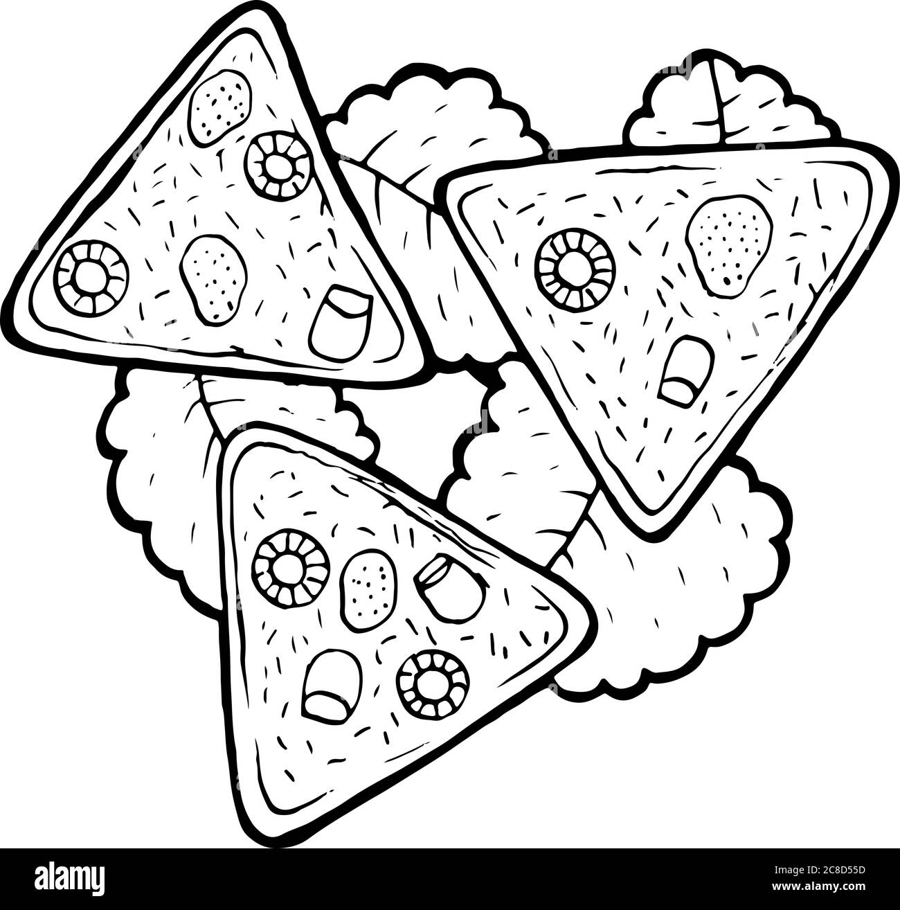 Mexican food nachos coloring page for adults. Ink artwork. Graphic