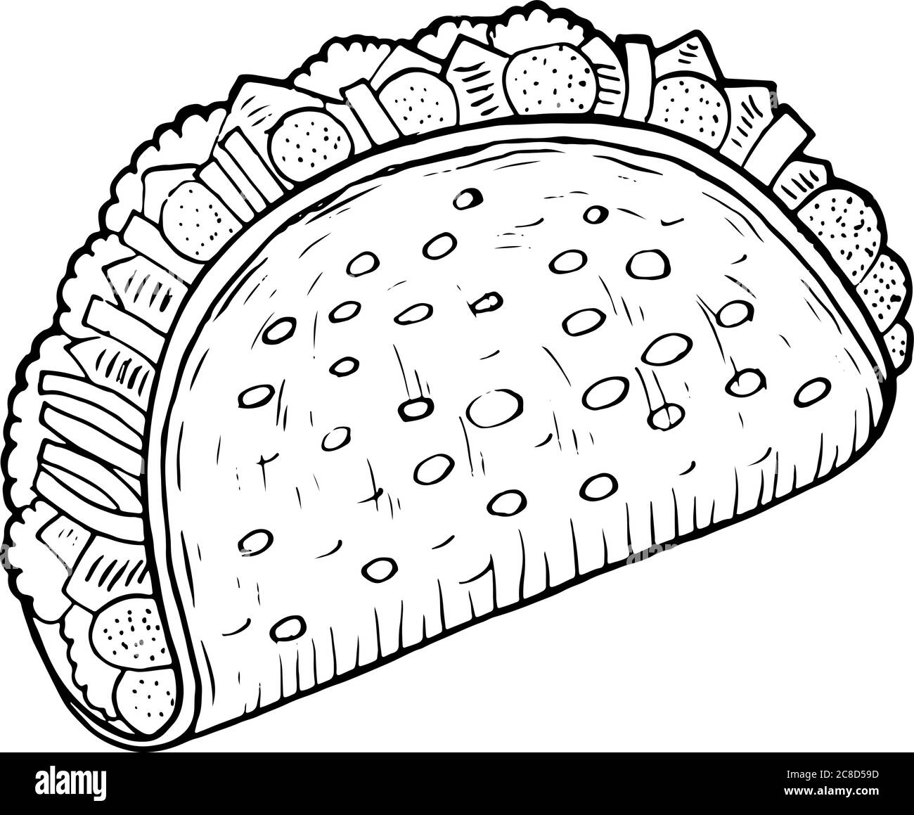 Mexican food taco - coloring page for adults. Ink artwork. Graphic doodle cartoon art. Vector illustration Stock Vector