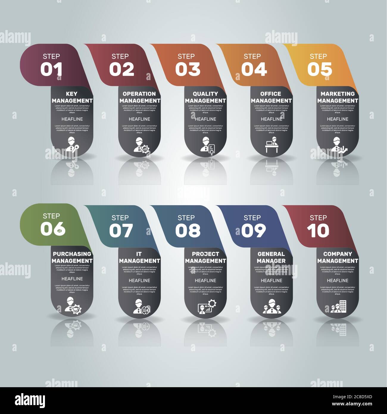 Infographic Company Management template. Icons in different colors ...