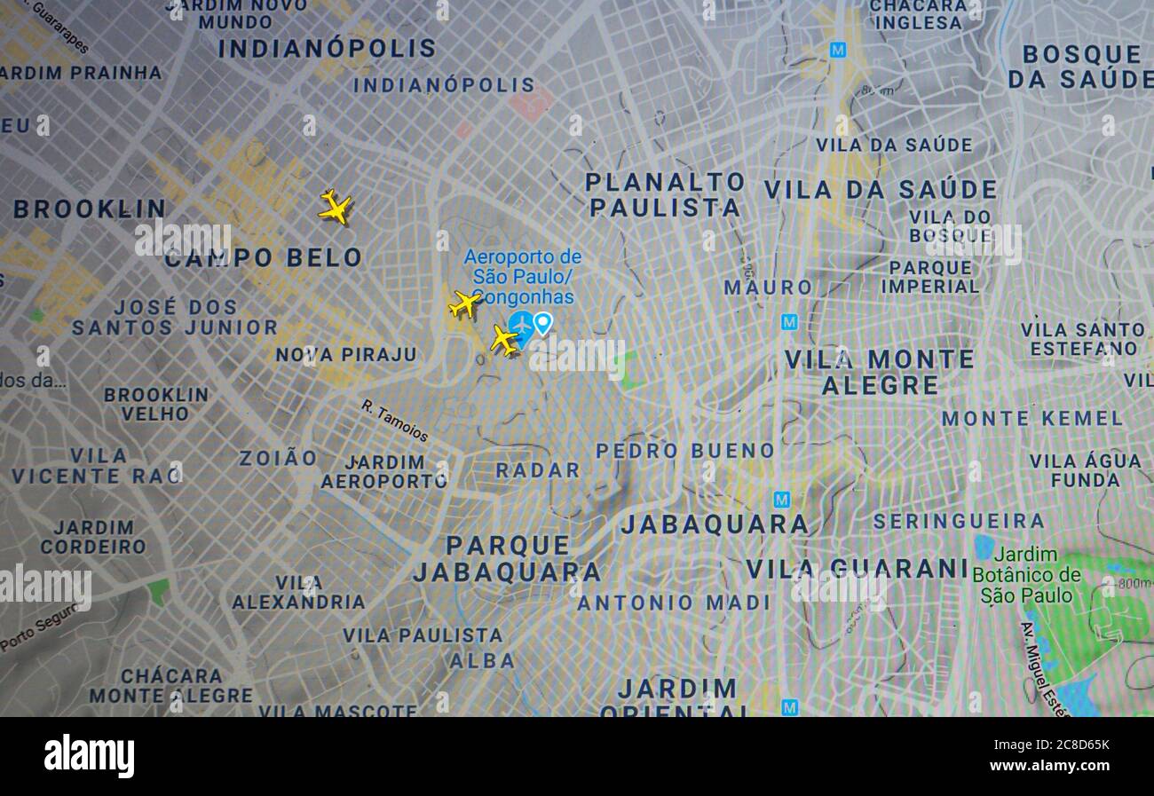 air traffic over Sao Paulo Congonhas airport aera (23 july 2020, UTC 13.06)  on Internet with Flightradar 24 site, during the Coronavirus Pandemic Stock Photo