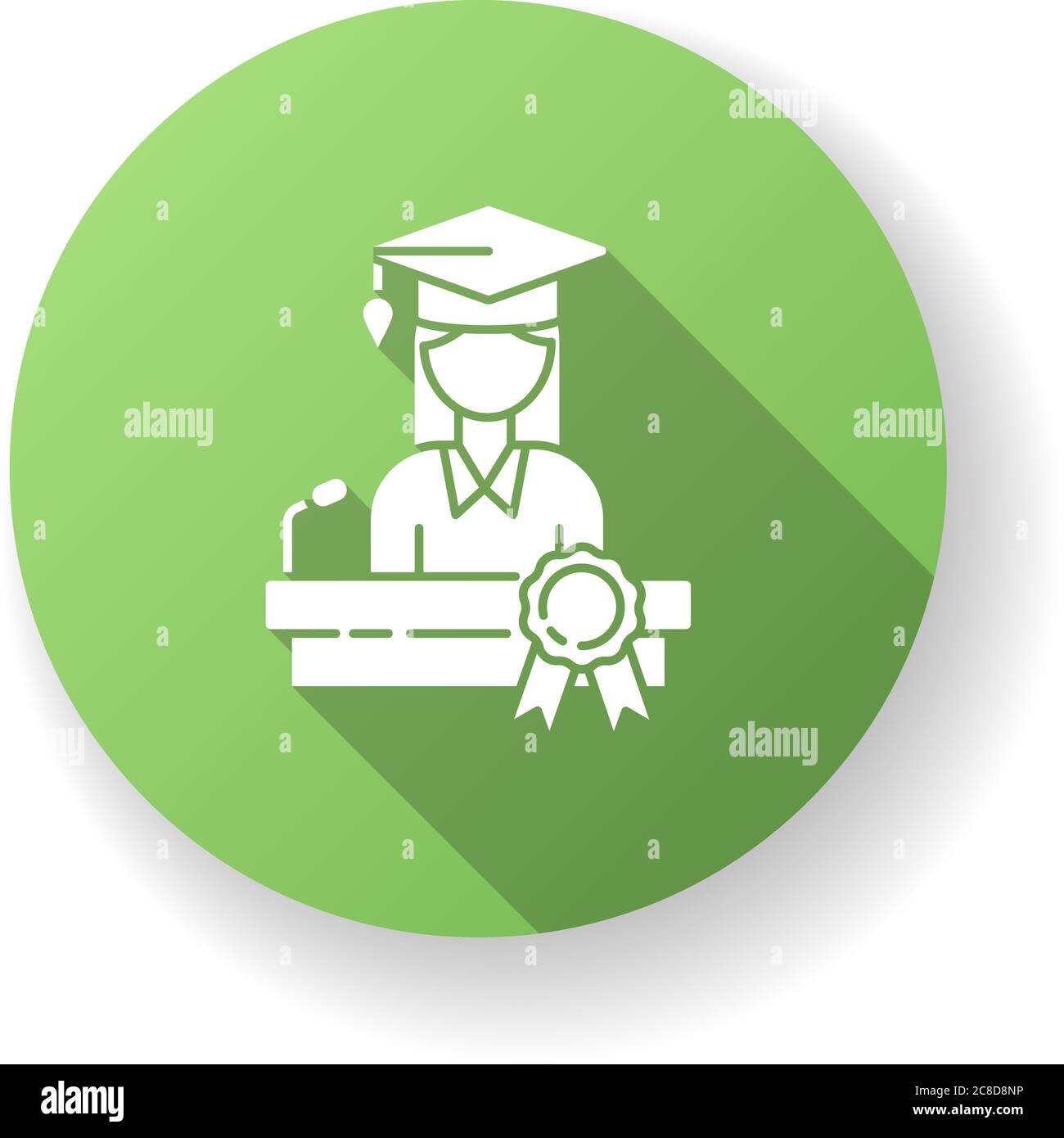 Doctoral studies green flat design long shadow glyph icon. University graduation, academic achievement. Obtaining doctors degree. PhD student, success Stock Vector