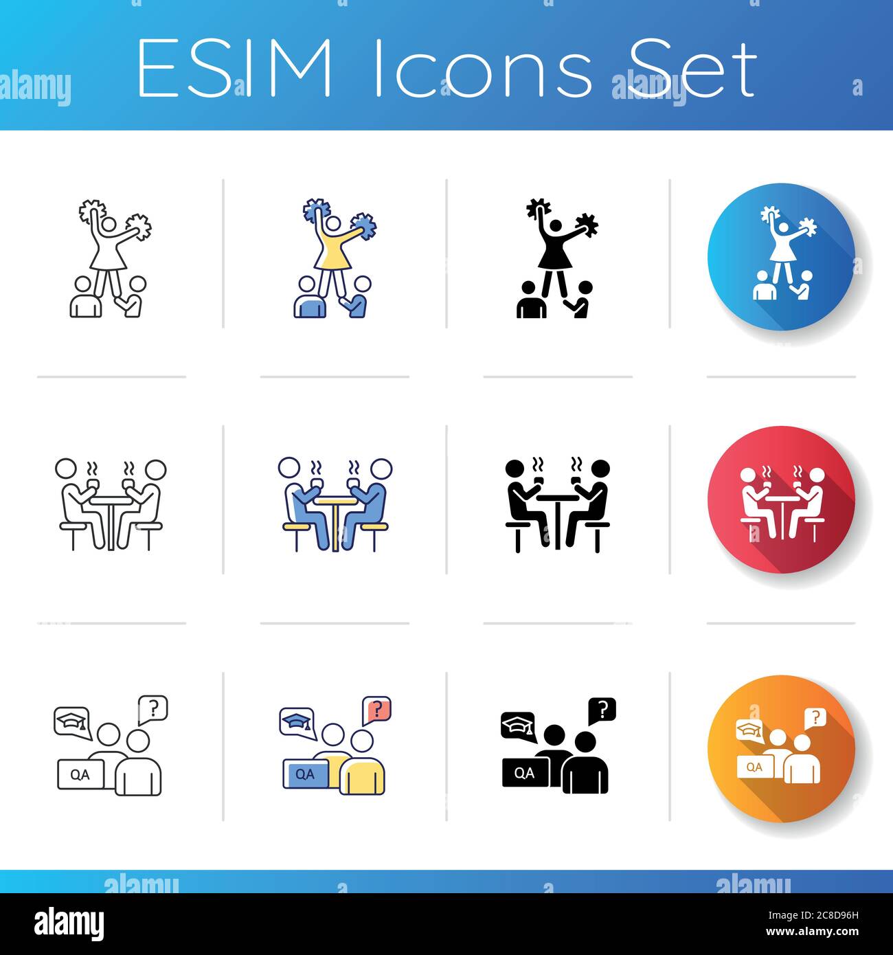 Freshman life icons set. University female sports. Cheerleading ...