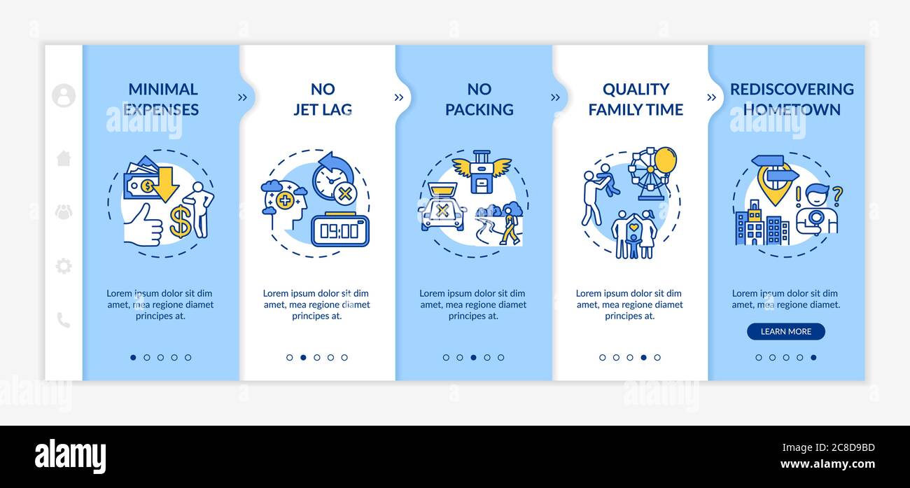 Advantages of staycation onboarding vector template. Minimal expenses and no packing. Rediscovering hometown. Responsive mobile website with icons. We Stock Vector