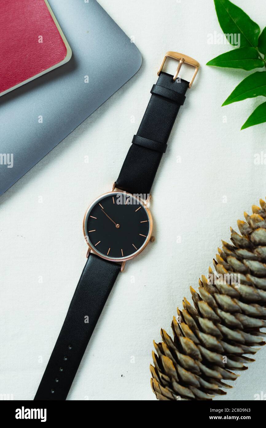 Closeup minimal fashion wristwatch for unisex on white background with flowers and computer Stock Photo