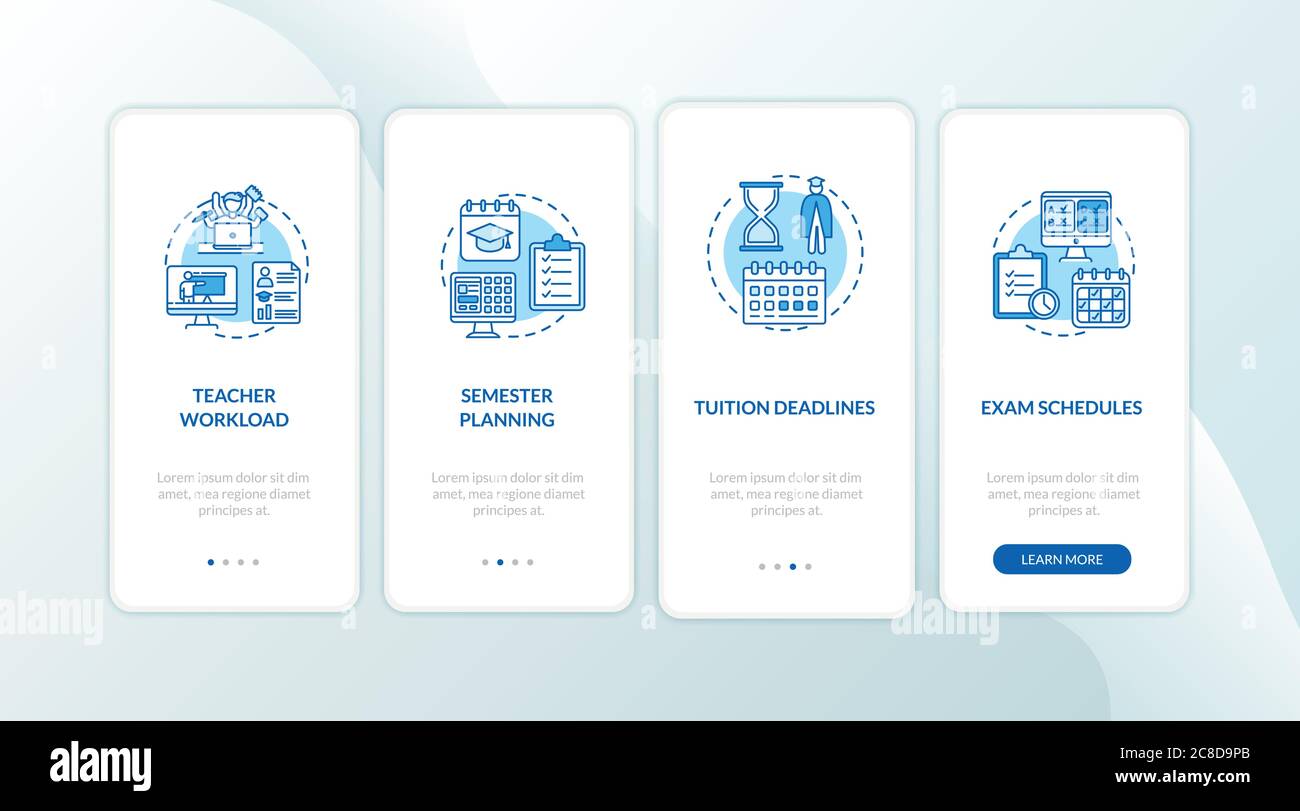 Distance learning elements onboarding mobile app page screen with concepts. Semester planning. E learning walkthrough 4 steps graphic instructions. UI Stock Vector