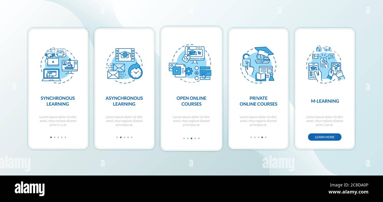 Distance learning types onboarding mobile app page screen with concepts. Synchronous learning. E learning walkthrough 5 steps graphic instructions. UI Stock Vector