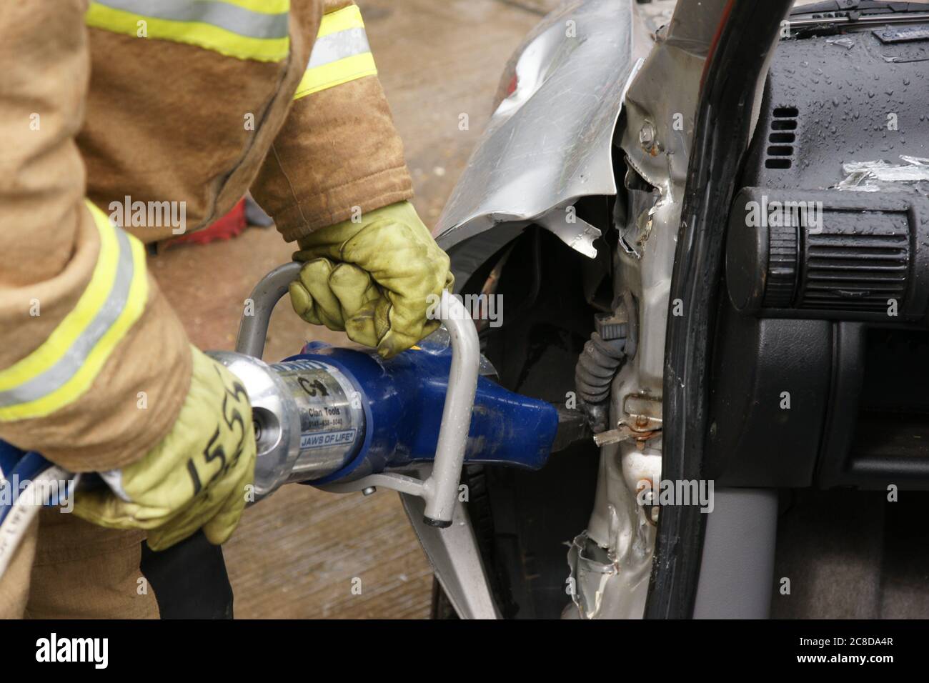 car crash, mechanical entrapment, rescue cutting equipment Stock Photo