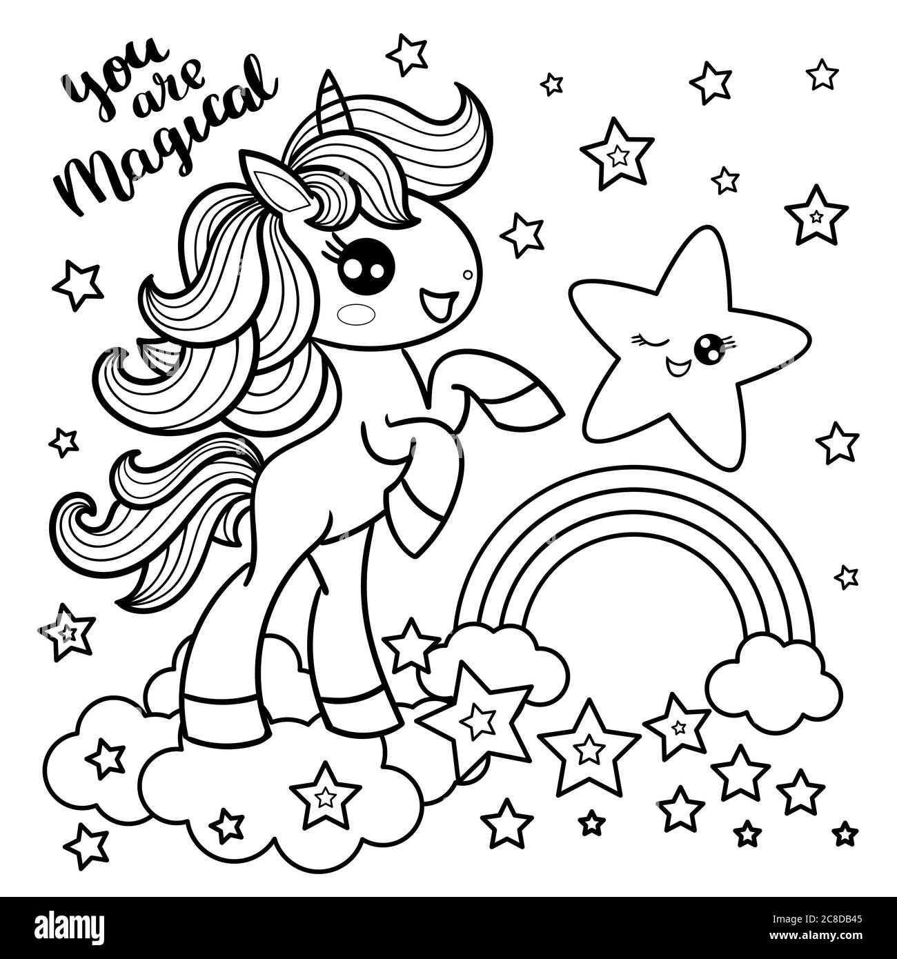 You are magical. Cute, cartoon unicorn with a rainbow and stars. Black and white image. Doodle style. For design of prints, posters, cards, coloring b Stock Vector