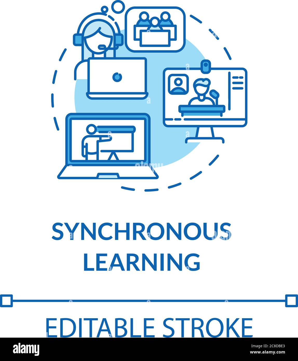 Synchronous learning concept icon. Distance education. Online courses and lessons. Blended learning idea thin line illustration. Vector isolated outli Stock Vector