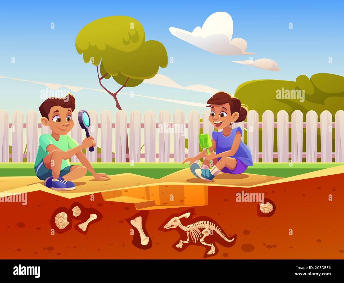 Boy and girl playing in game about excavation fossil dinosaurs in sandbox. Vector cartoon illustration with kids discover buried skeletons and shells in sand on backyard Stock Vector