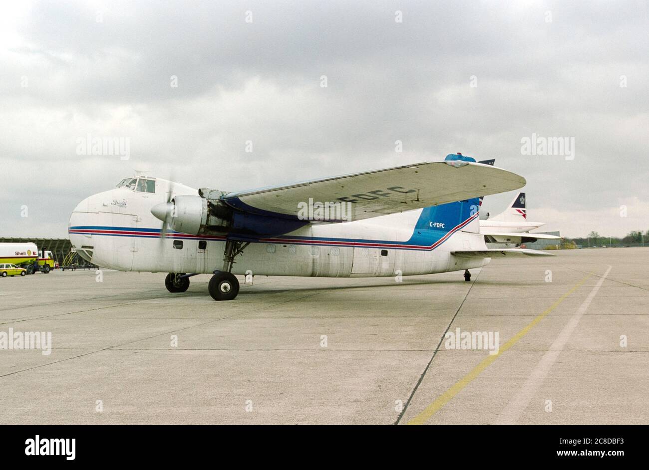 A Bristol 170 Freighter 31 registration C-FDFC taxi-ing from the British Airways hangar at London's Heathrow Airport in April 1996. Stock Photo