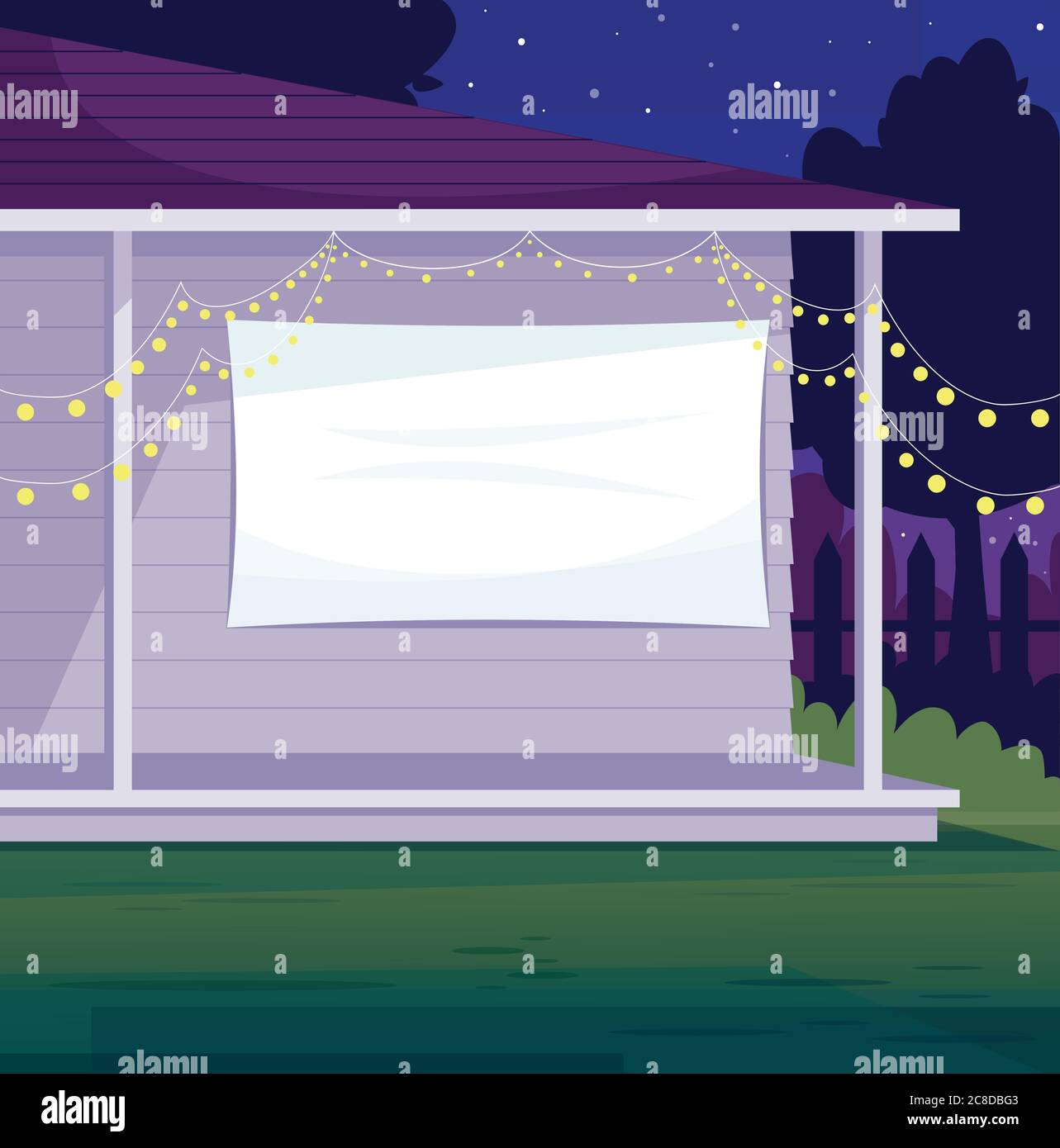 Backyard home cinema semi flat vector illustration. Projector screen