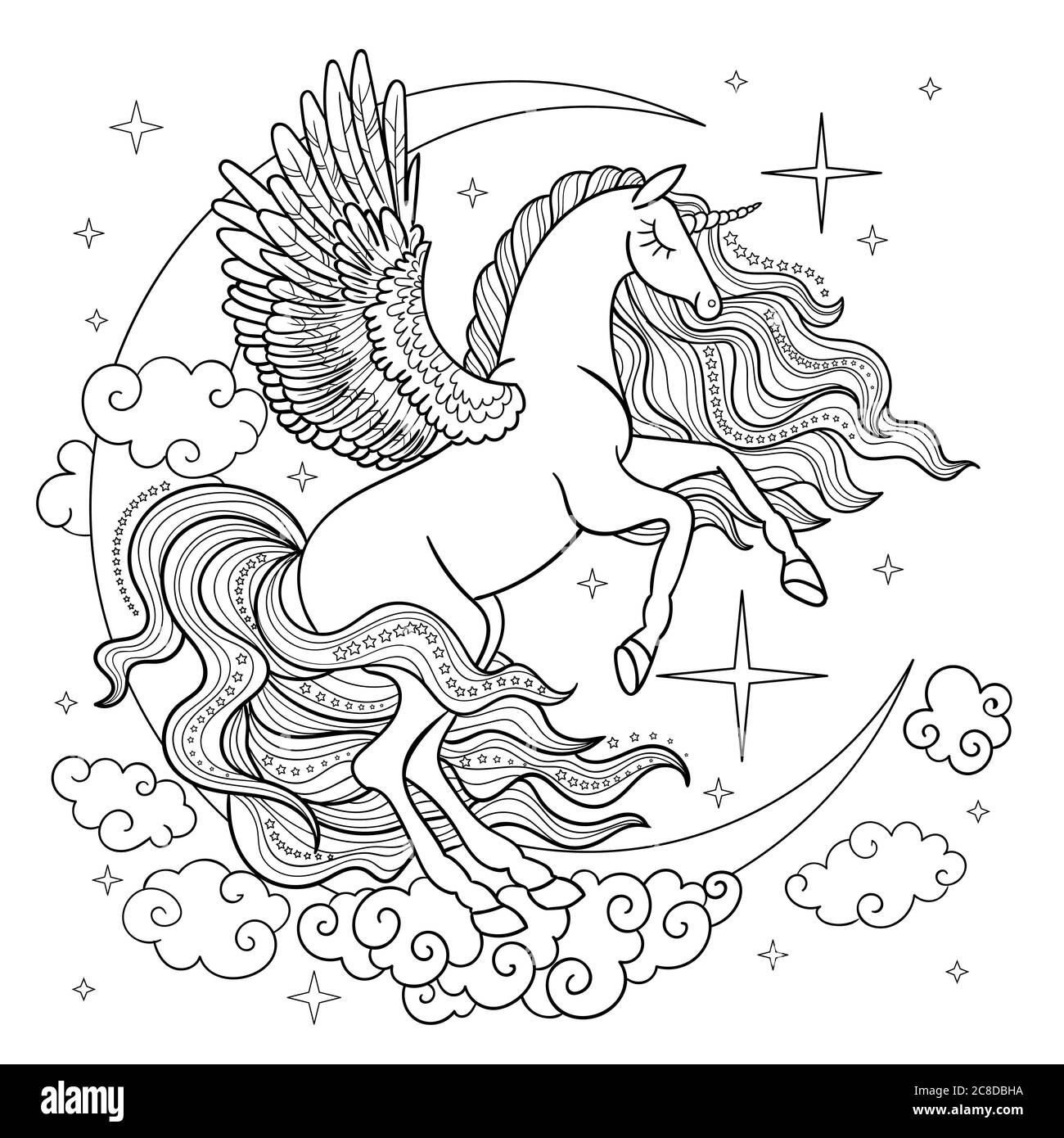 Fantastic unicorn with a long mane on the background of the month and clouds. Black and white. For the design of prints, posters, tattoos, coloring bo Stock Vector