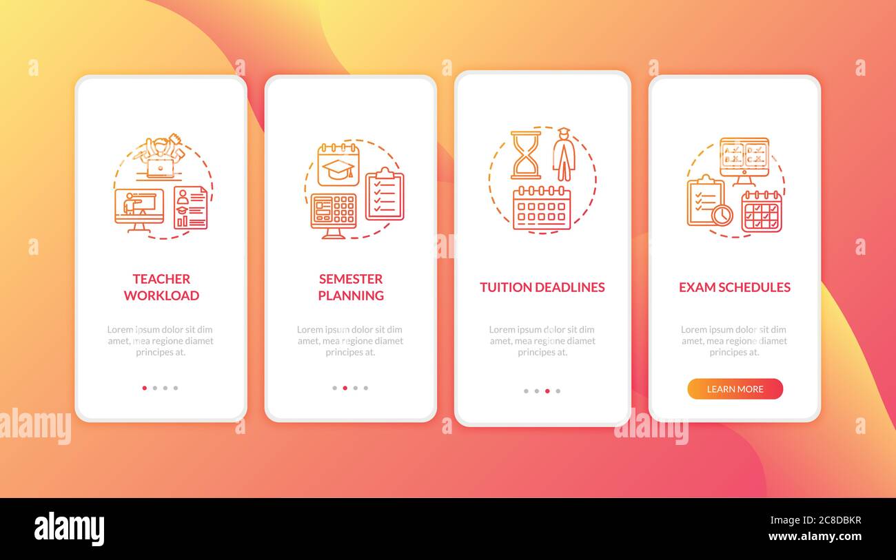 Distance learning elements onboarding mobile app page screen with concepts. Tuition deadlines. E learning walkthrough 4 steps graphic instructions. UI Stock Vector