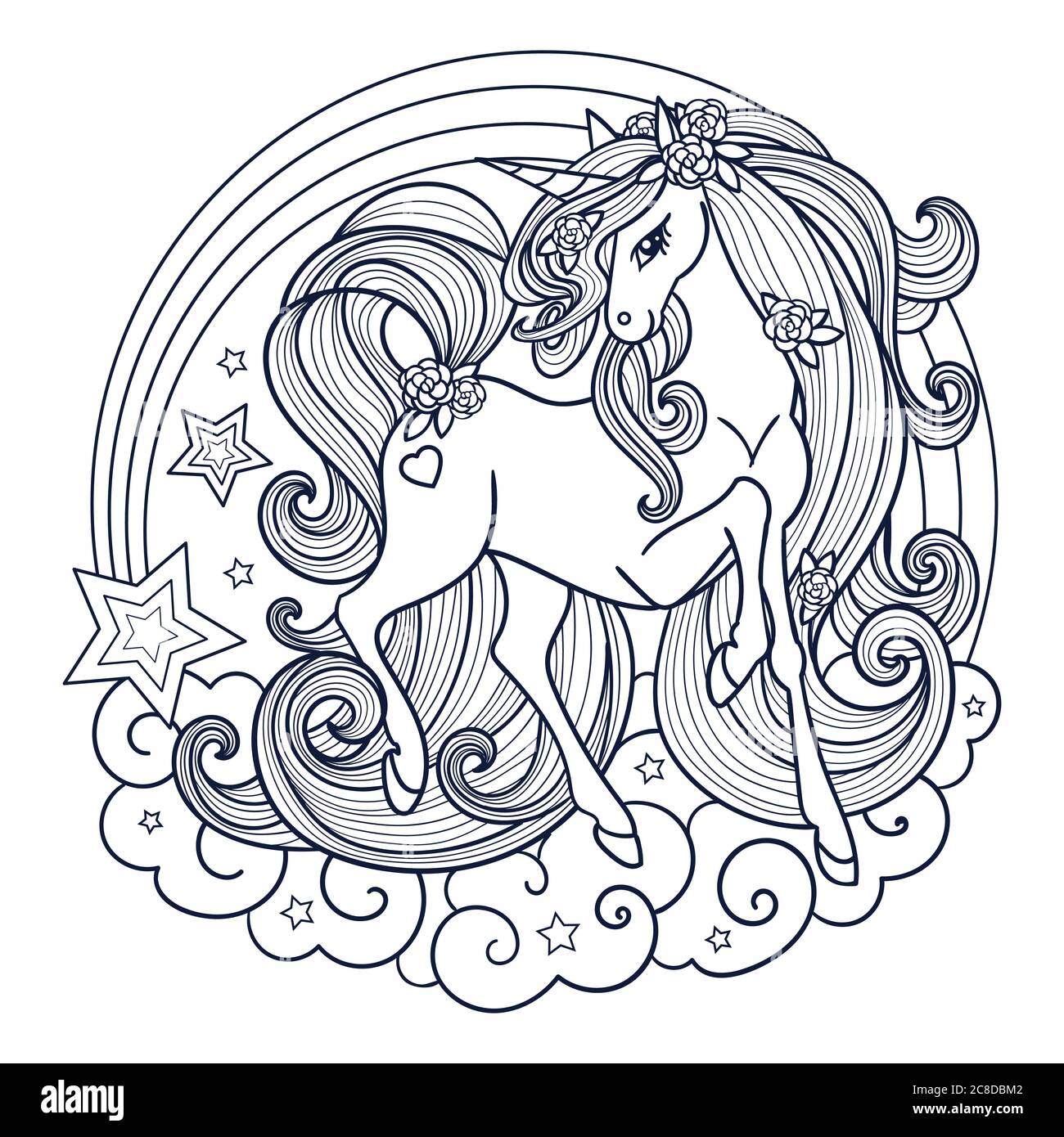 Beautiful unicorn with clouds and a rainbow. Black and white, linear image. For the design of coloring books, prints, posters, tattoos, badges, sticke Stock Vector