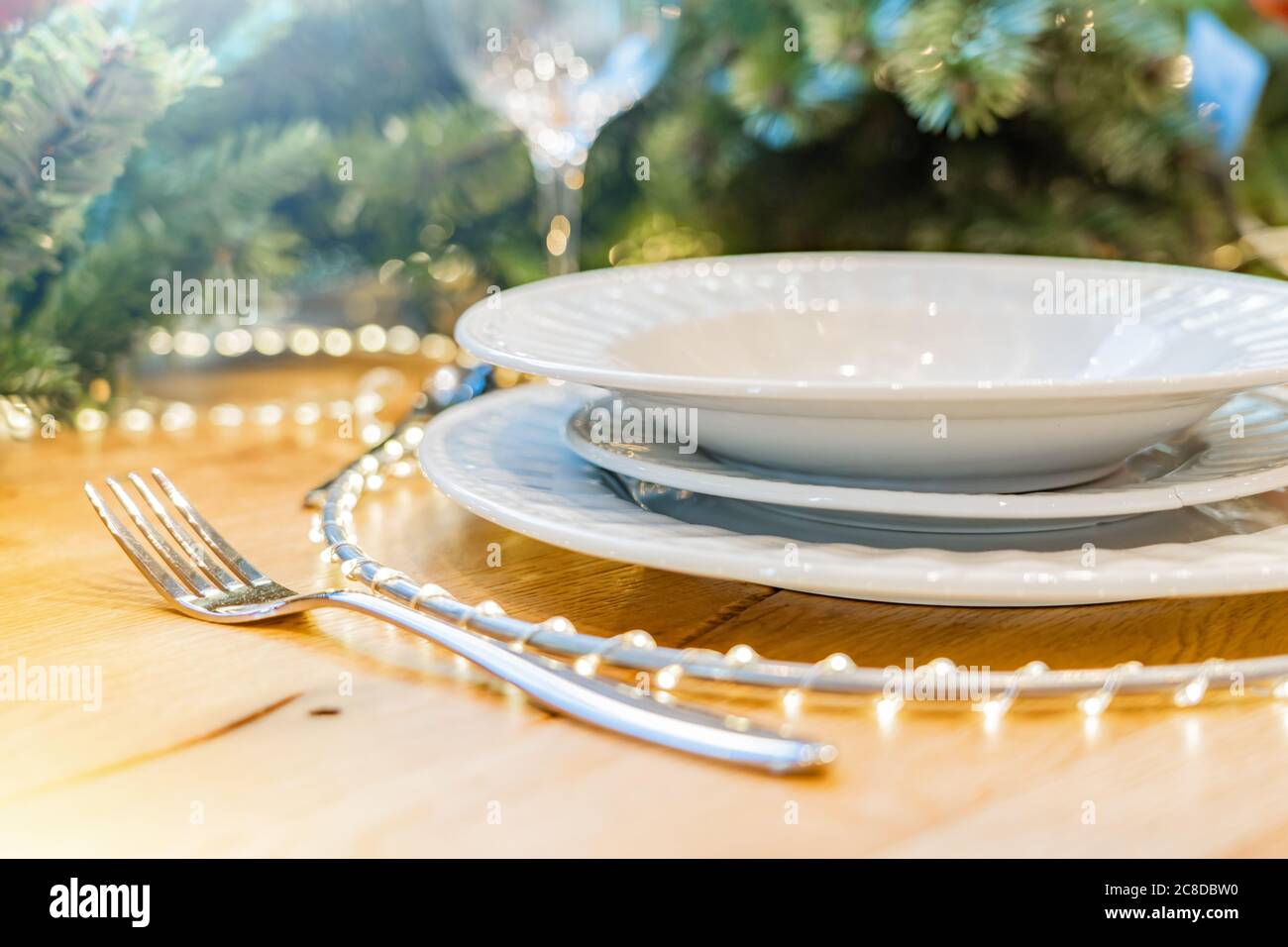 Christmas table setting. Beautiful festive background. Stock Photo