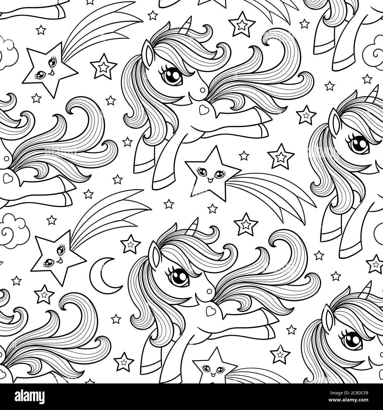 Seamless pattern, cute graphic unicorn in the sky with a star. Fantasy ...