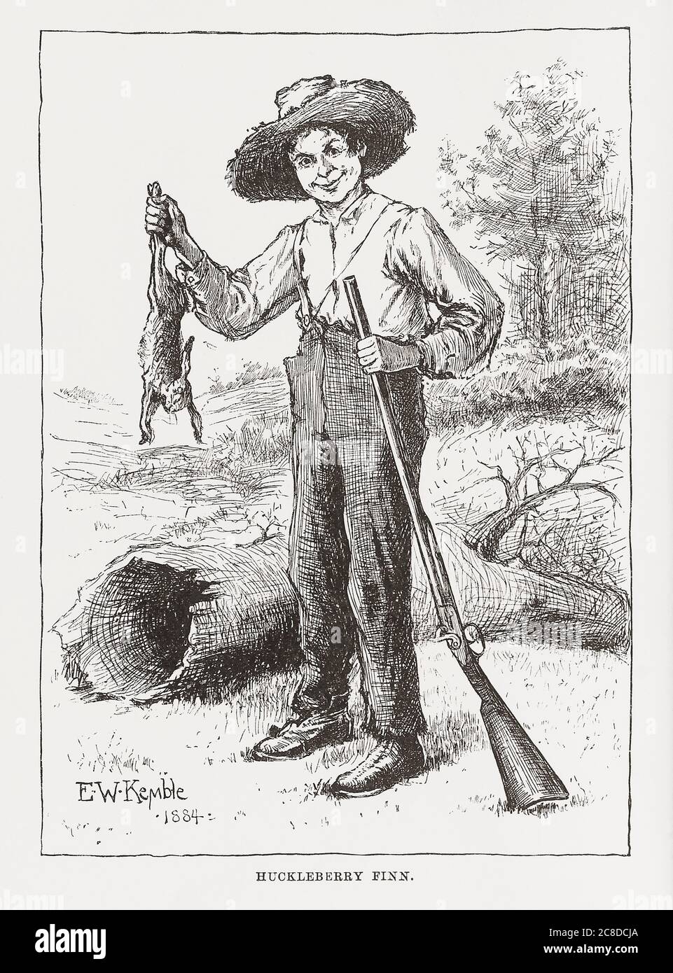 Huckleberry Finn, fictional character created by American author Mark Twain, who appears in the books The Adventures of Tom Sawyer and Adventures of Huckleberry Finn and as the narrator of Tom Sawyer Abroad and Tom Sawyer, Detective.  After an illustration of Huck by American illustrator Edward Winsor Kemble in the first edition of The Adventures of Huckleberry Finn, 1885 Stock Photo