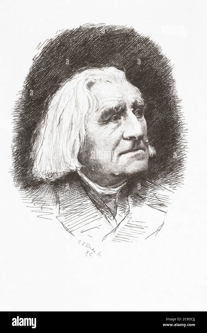 Franz Liszt, 1811 – 1886.  Hungarian composer, virtuoso pianist, conductor, music teacher, arranger, organist, philanthropist, author, nationalist and a Franciscan tertiary.  After an etching by Carel Lodewijk Dake. Stock Photo