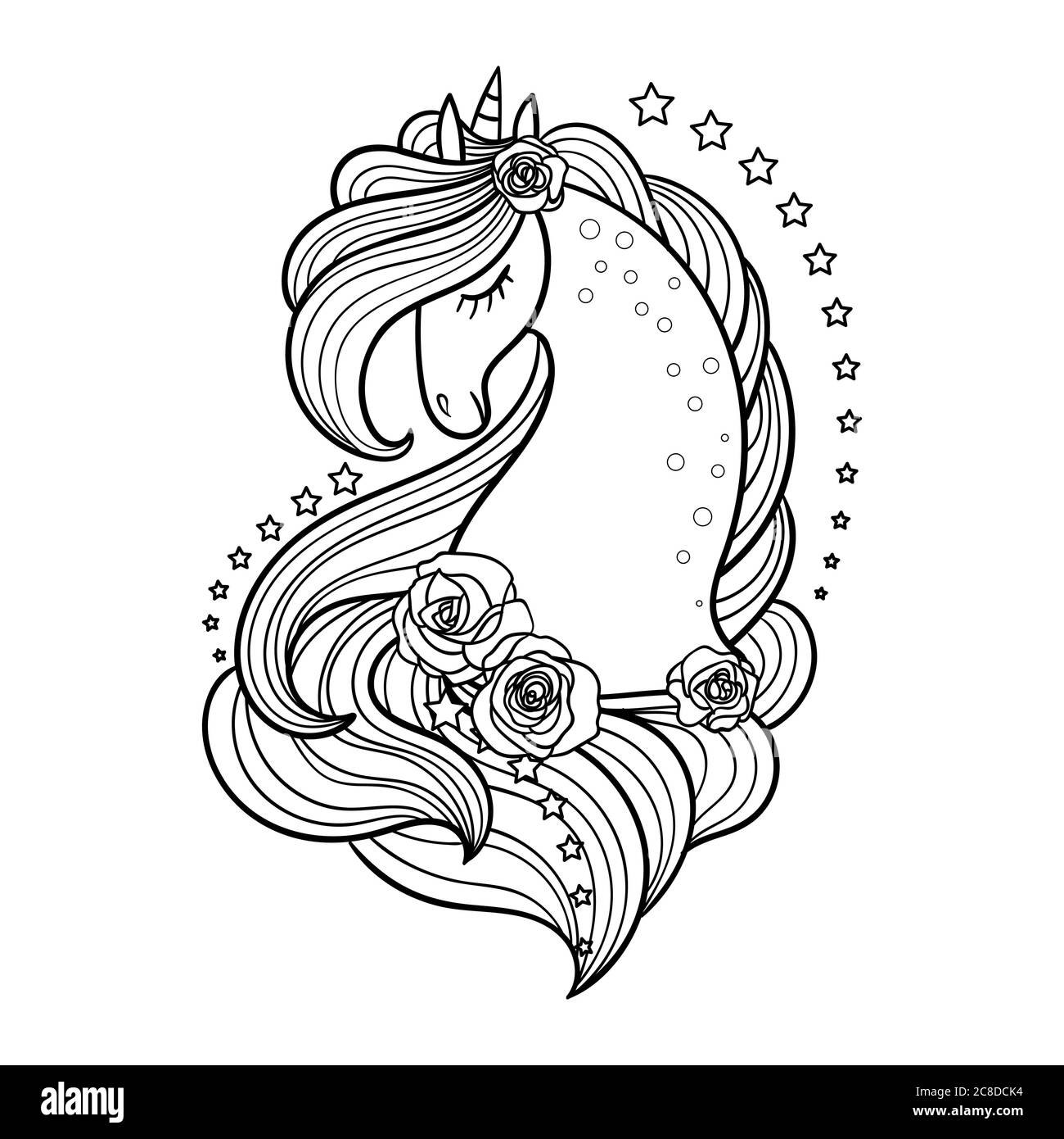 A magical unicorn with long mane and roses and a star. Black and white image. For the design of prints, posts, coloring books, badges, stickers, emble Stock Vector