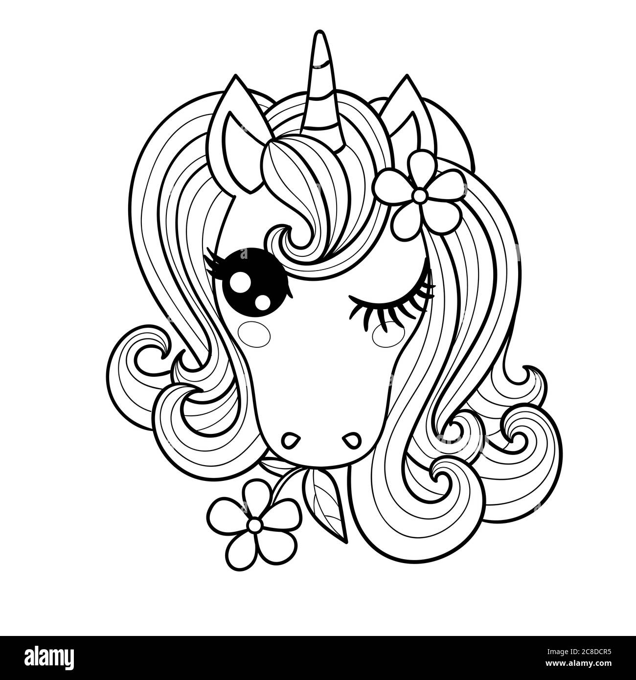 The head of a cute unicorn. Black White. Fantasy animal. For the design of coloring books. prints, posters, cards, stickers, etc. .. Vector Stock Vector