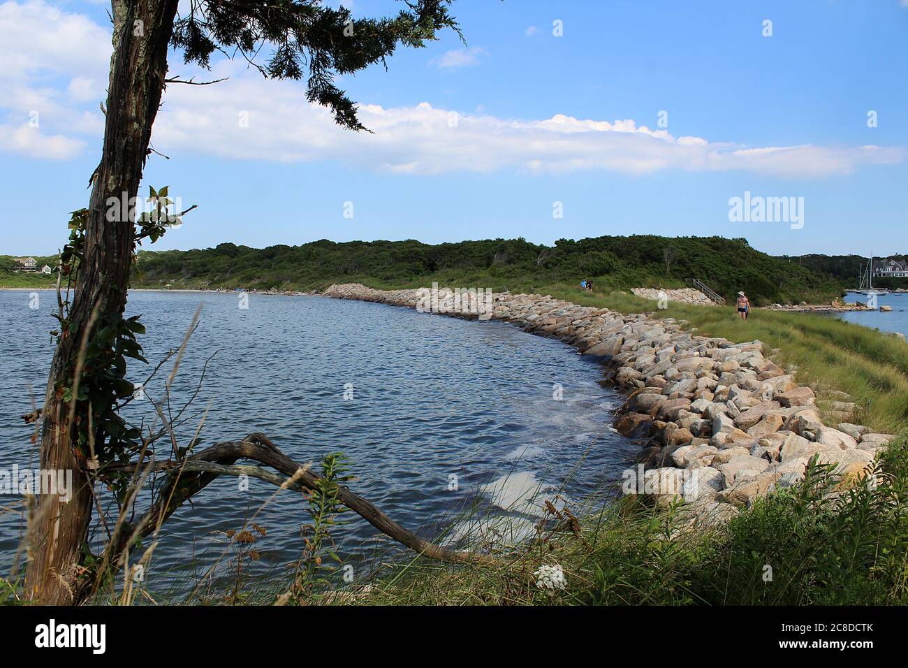 The Knob lookout at Quissett Harbor Road, Woods Hole in the Falmouth area of Cape Cod. Scenic hiking trail with beaches, wooded area and wildlife. Stock Photo
