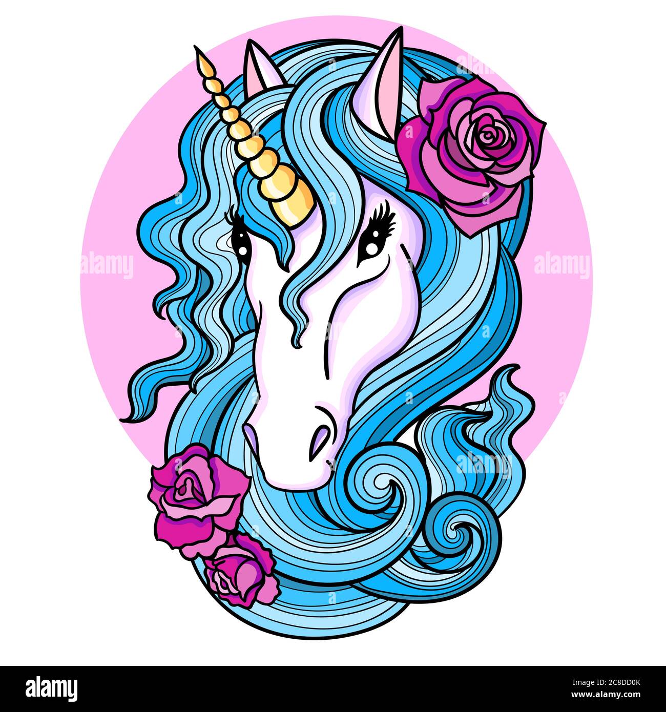 Head of a white unicorn with a blue mane and roses. Fantastic animal. For tattoo design. prints. posters, cards and so on. Vector illustration Stock Vector