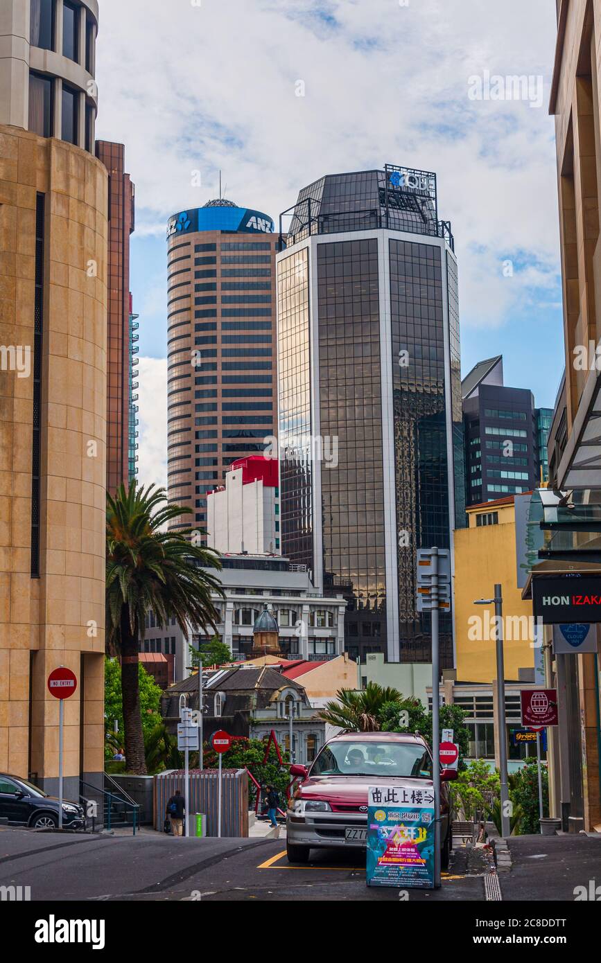 View on the ANZ bank tower and QBE Insurance tower in Auckland. Courthouse Lane near Albert Park Stock Photo