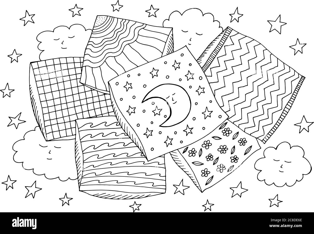 Moon sleeps on the pillow. Cozy coloring page for adults. Doodle cartoon fantasy drawing. LIne sketch. Vector illustration. Stock Vector