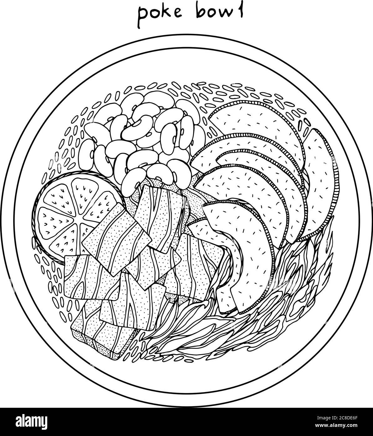 Poke bowl. Asian food illustration. Black and white realistic sketch. Salmon, avocado, rice. Vector artwork. Stock Vector