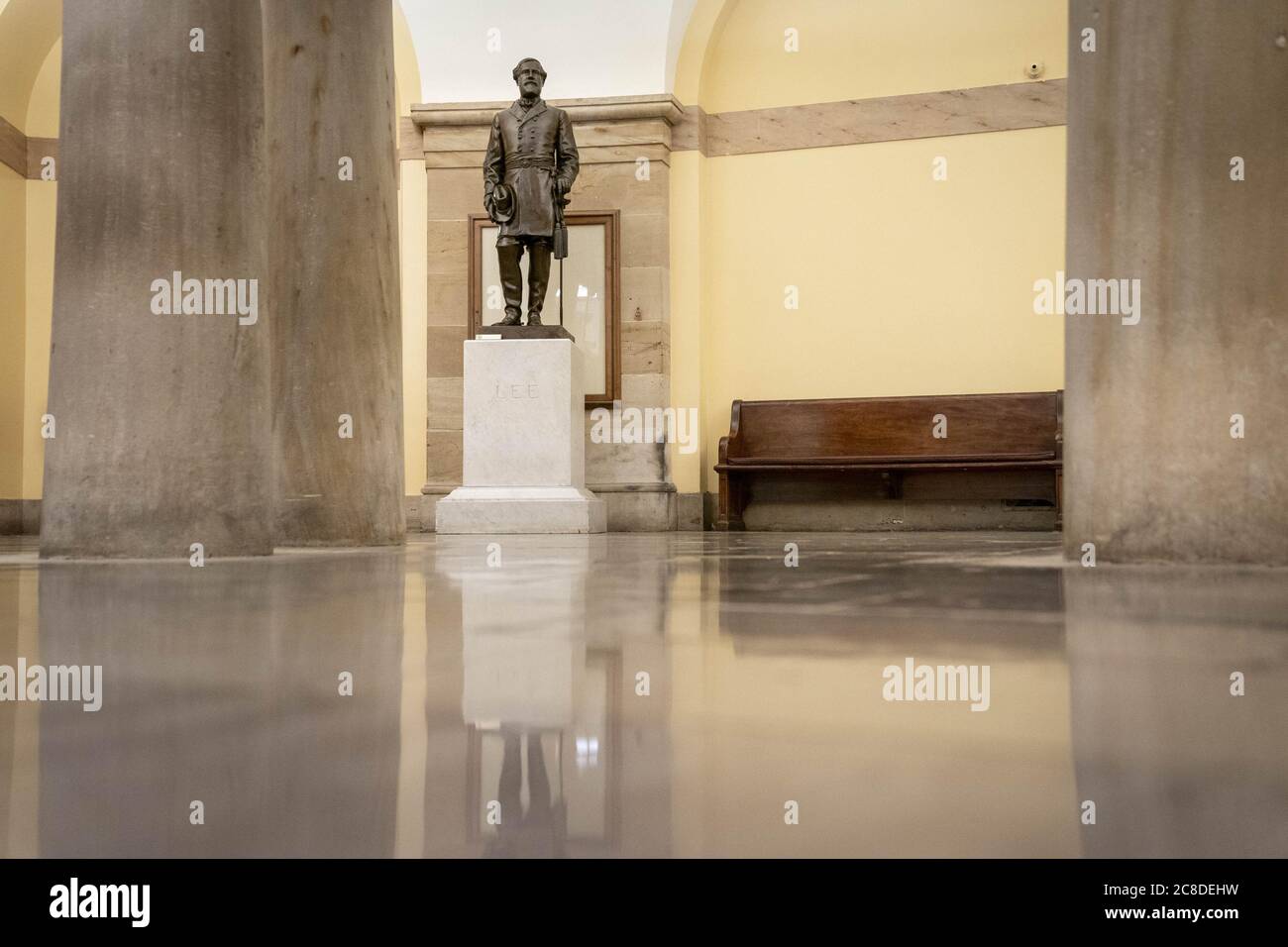 Washington, United States. 23rd July, 2020. A statue of Robert E. Lee, a leader of the Confederate Army of Northern Virginia, stands in the U.S. Capitol in Washington, DC, U.S., on Thursday, July 23, 2020. The House of Representatives voted on Wednesday to remove Confederate statues from the U.S. Capitol as part of an effort to remove symbols of racism. Photo by Sarah Silbiger/UPI Credit: UPI/Alamy Live News Stock Photo