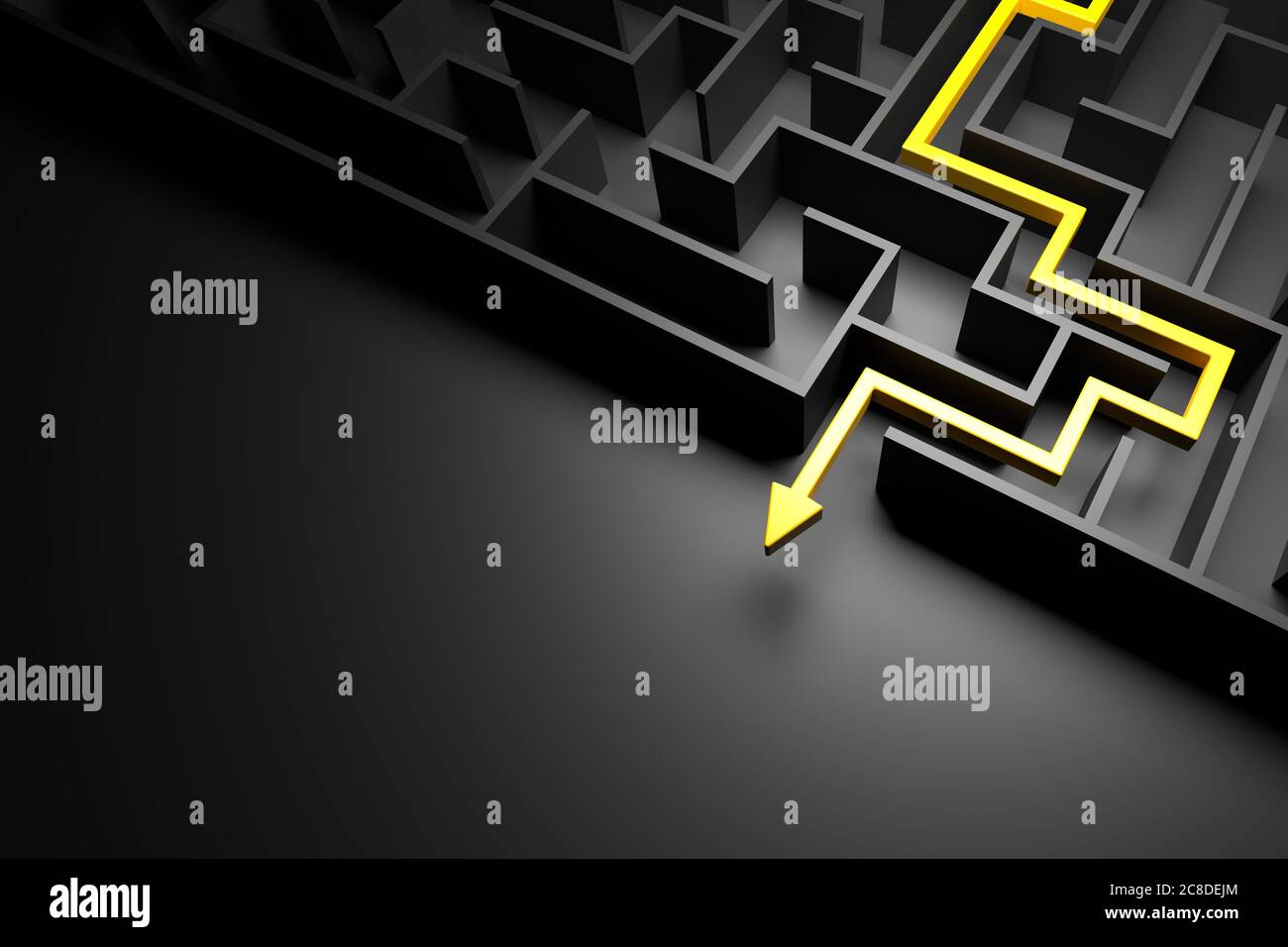 3d rendering: Concept - solving a complex problem. Black maze and floor ...