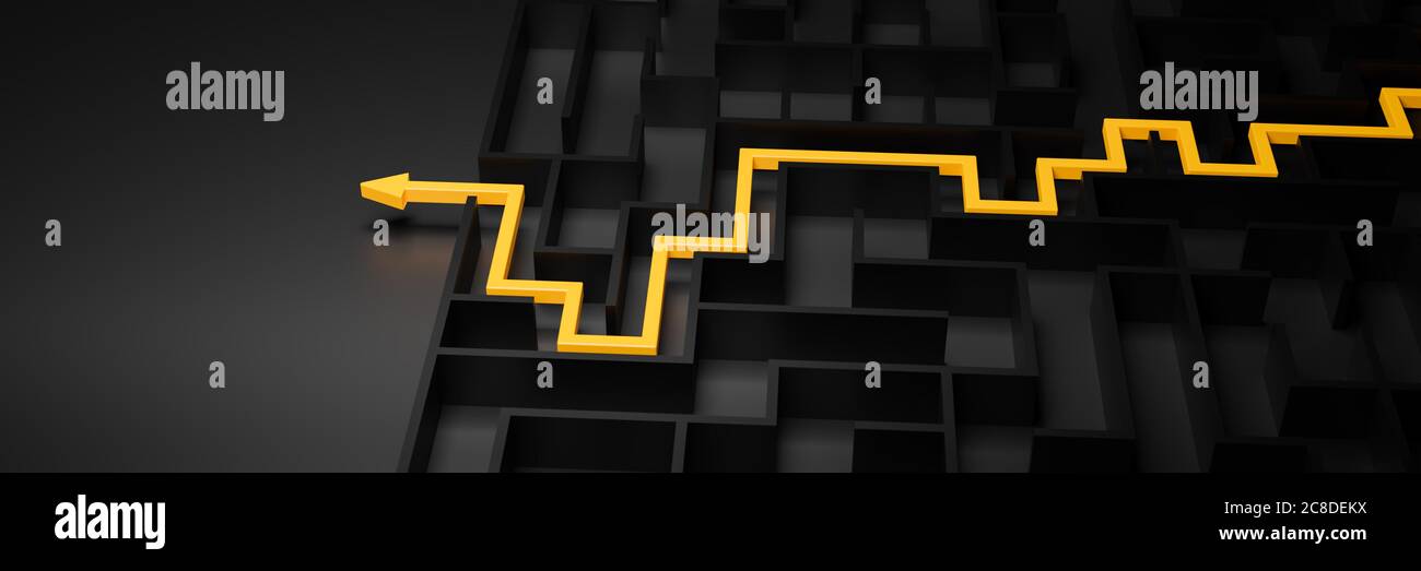 3d rendering: Concept - solving a complex problem. Black maze and floor with yellow solution path with arrow. Low key image, banner size. Stock Photo