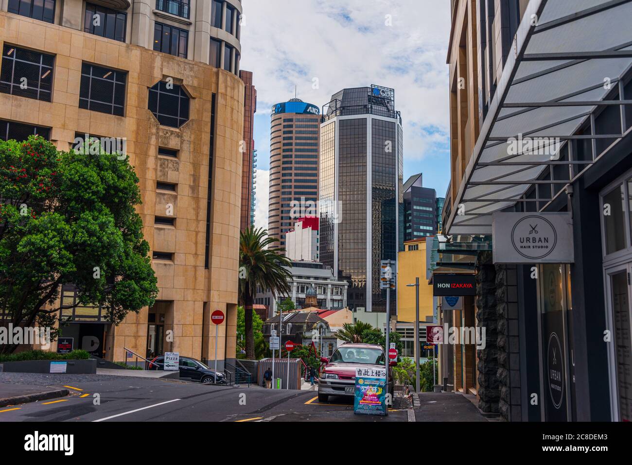 View on the ANZ bank tower and QBE Insurance tower in Auckland. Courthouse Lane near Albert Park Stock Photo
