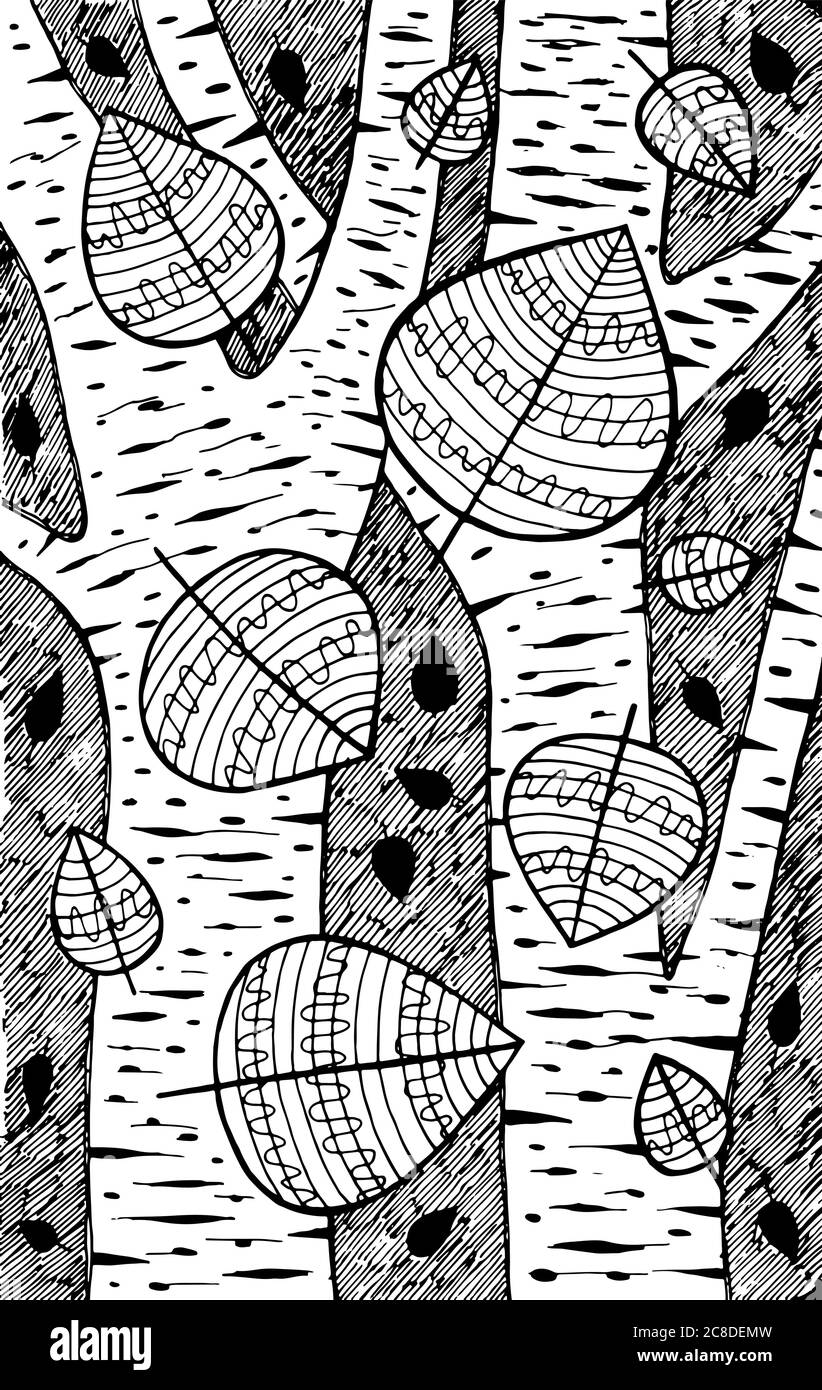 Aspen tree illustration. Black and white ink leaves drawing. Coloring