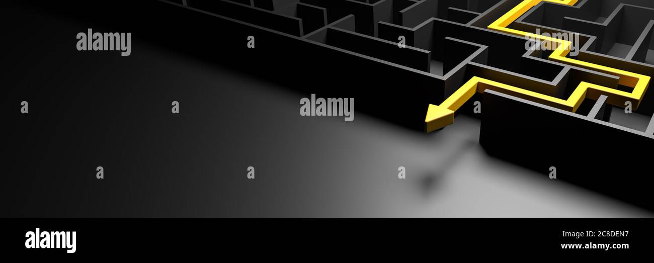3d rendering: Concept - solving a complex problem. Black maze and floor ...