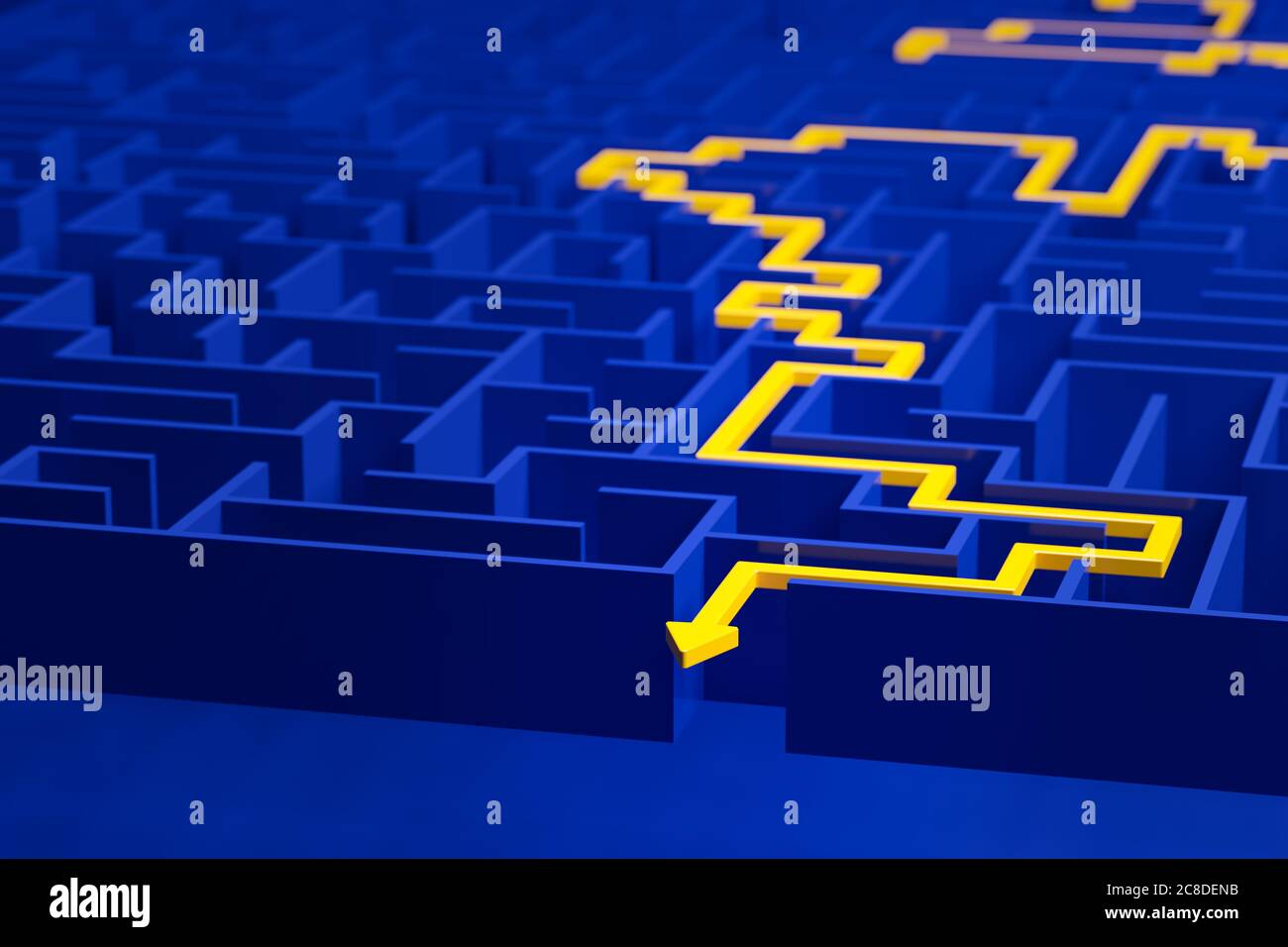 3d render: Concept - solving a complex problem. Blue maze with yellow ...