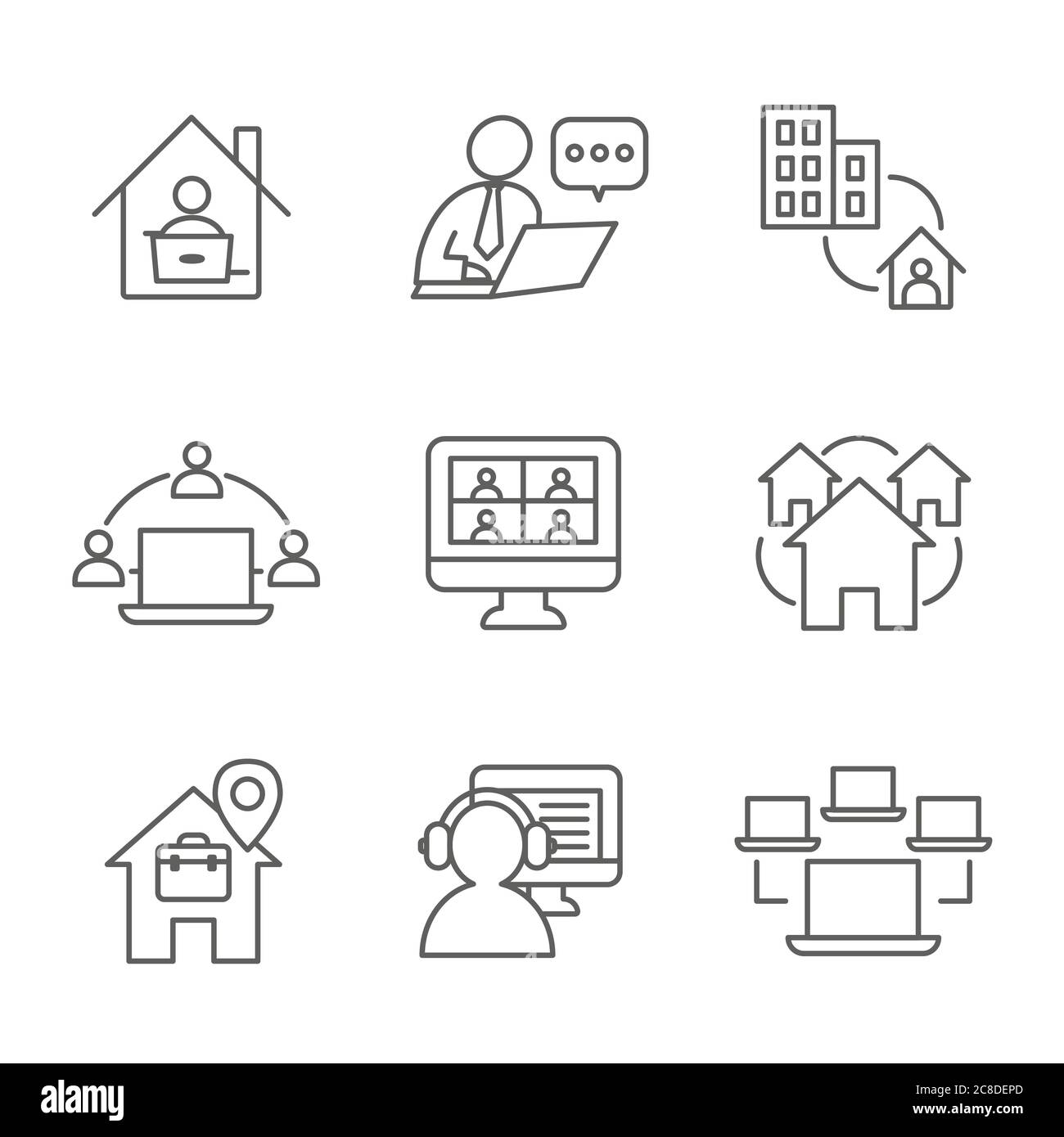 Remote work icon set - work from home, video meetings, etc Stock Vector