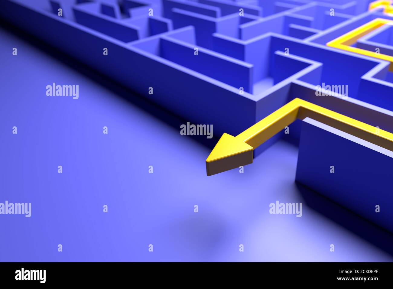 3d rendering: Concept - solving a complex problem. Blue maze and floor ...
