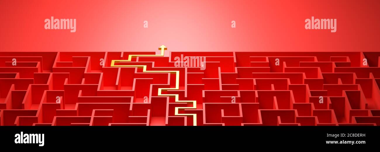 3d rendering: Concept - solving a complex problem. Red maze and floor ...