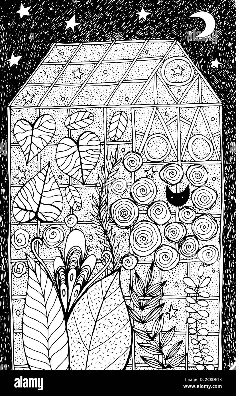 Greenhouse - doodle sketch. Winter garden with tropical plants and flowers. Glasshouse drawing. Ink black and white illustration. Vector artwork. Stock Vector