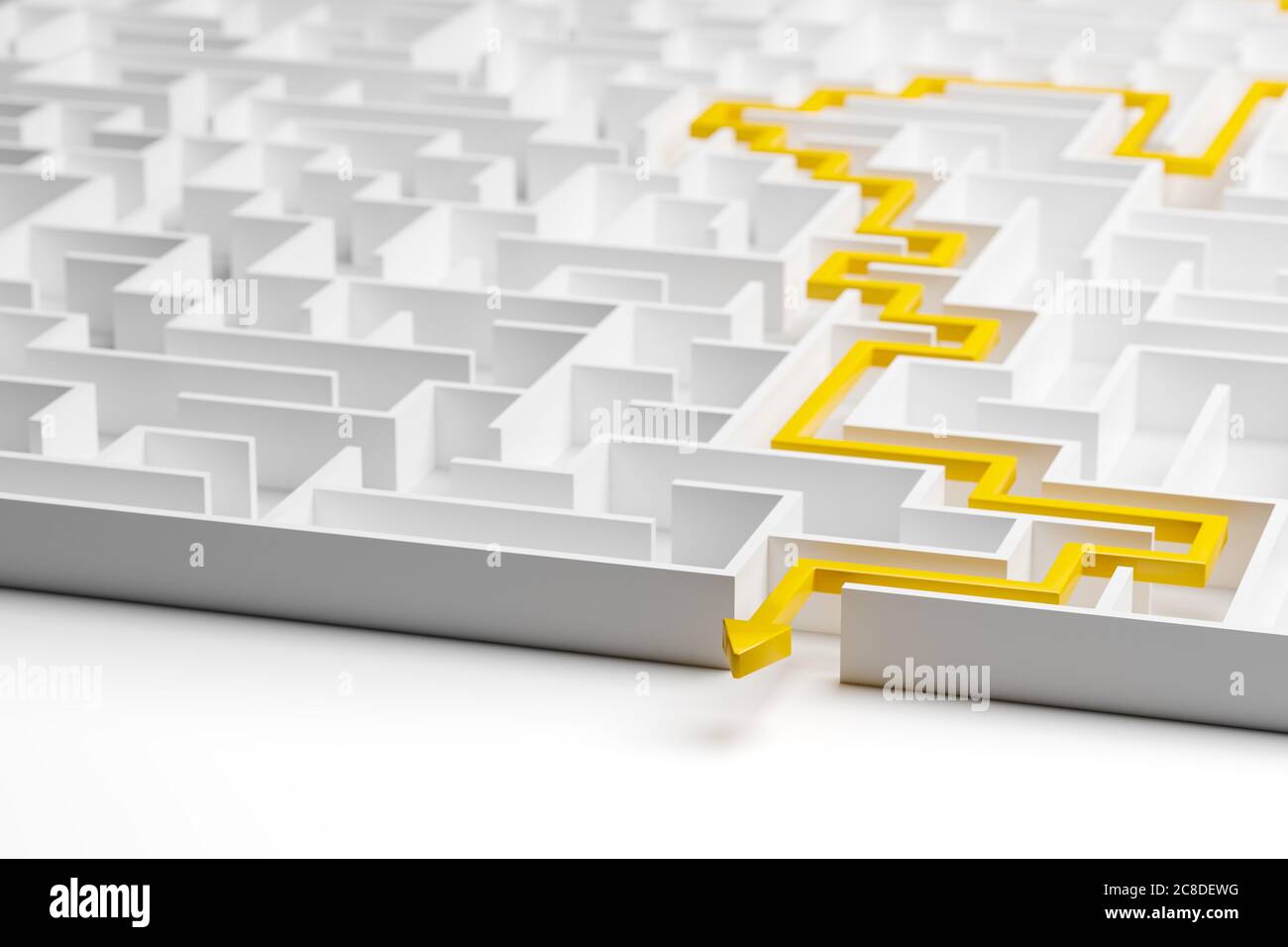 3d render: Concept - solving a complex problem. White maze with yellow ...