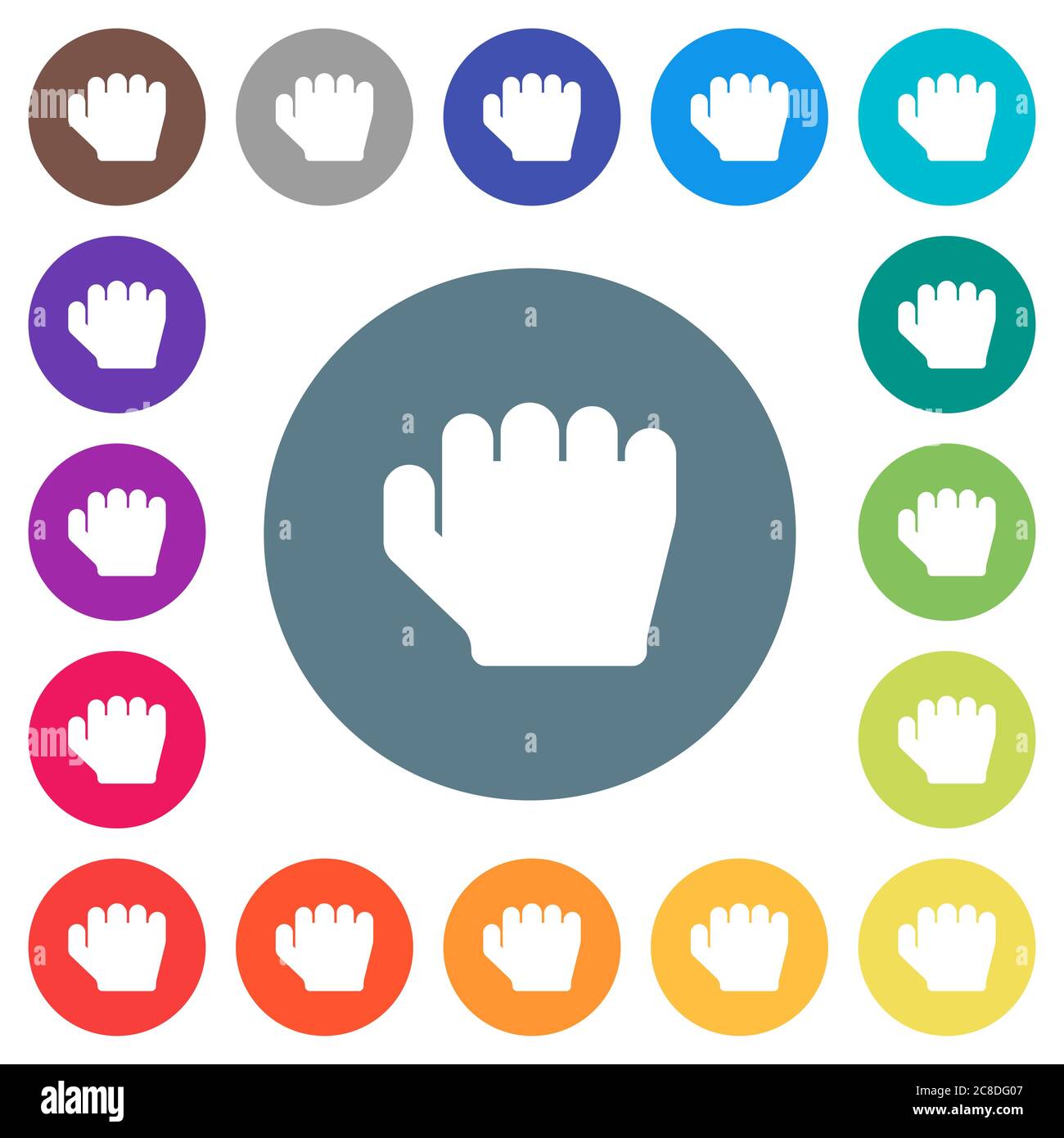 Right handed grab gesture flat white icons on round color backgrounds. 17 background color variations are included. Stock Vector