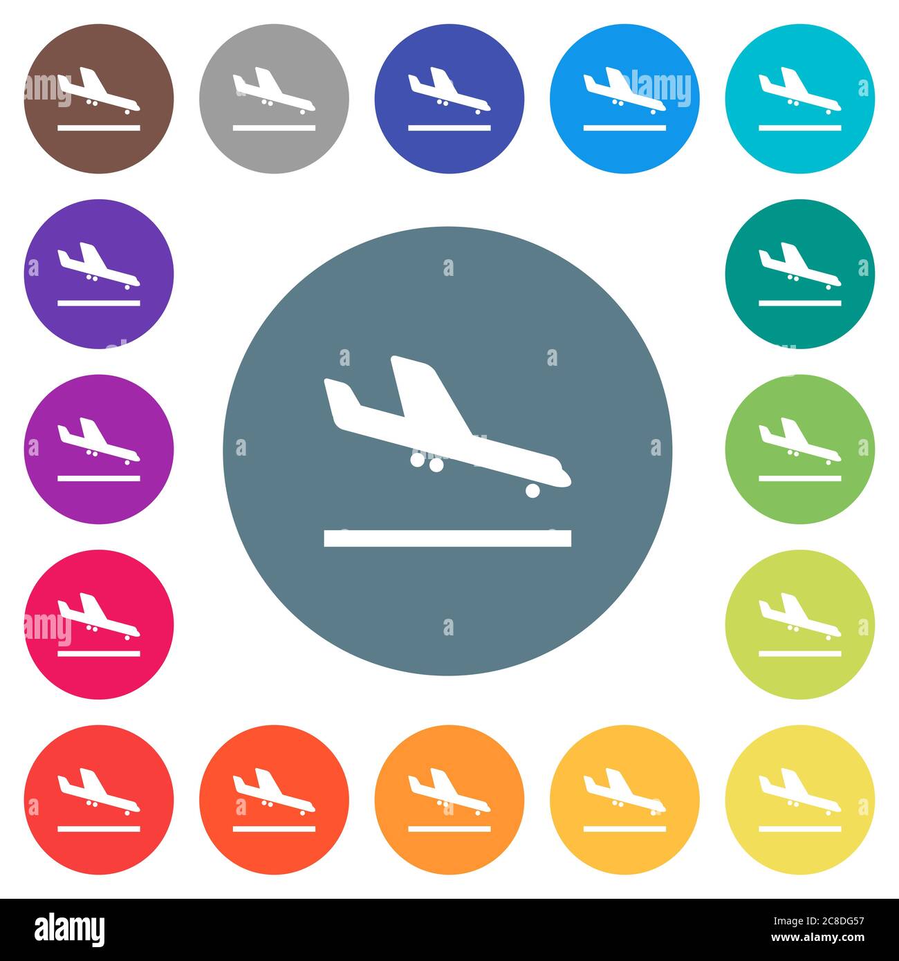 Airplane landing flat white icons on round color backgrounds. 17 ...