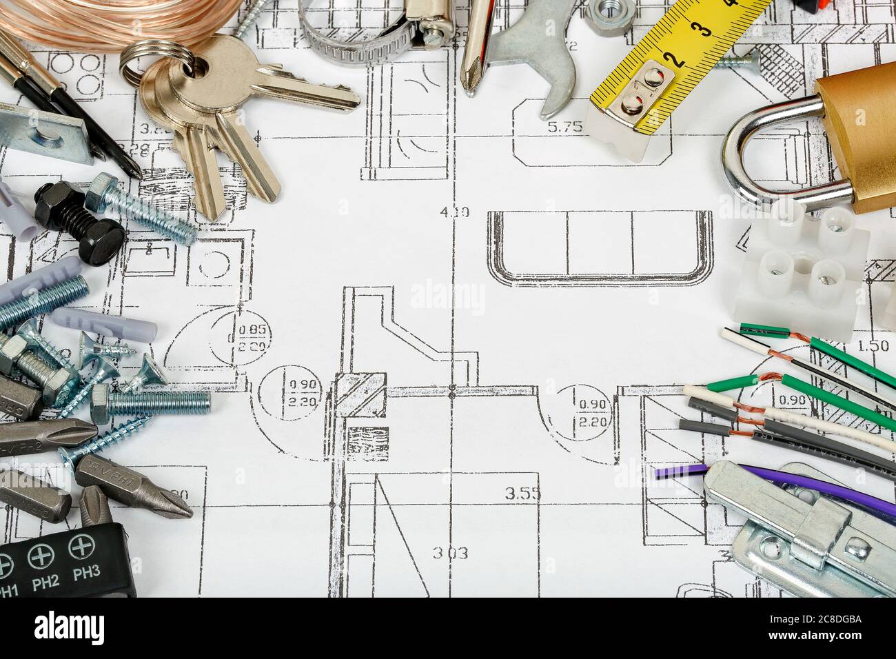 Building Items Design house construction concept with variety of items on blueprint Stock ...