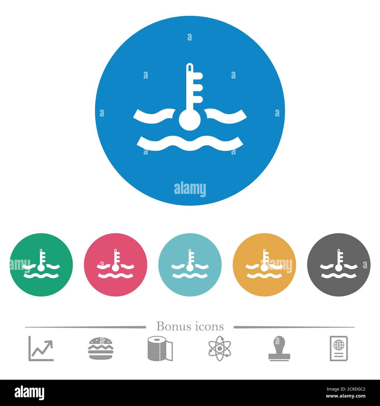 Critical temperature engine coolant flat white icons on round color ...