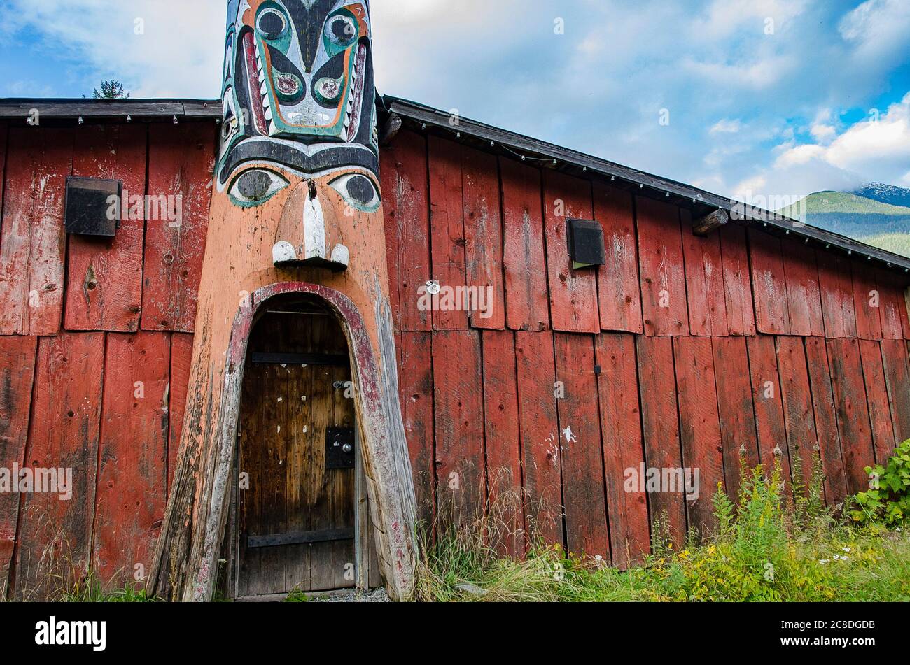 Totem pole entrance to building, Bella Coola, Britsih Columbia, Canada