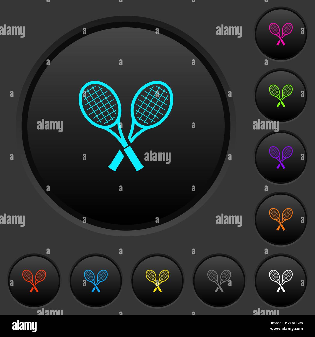 Two tennis rackets dark push buttons with vivid color icons on dark ...