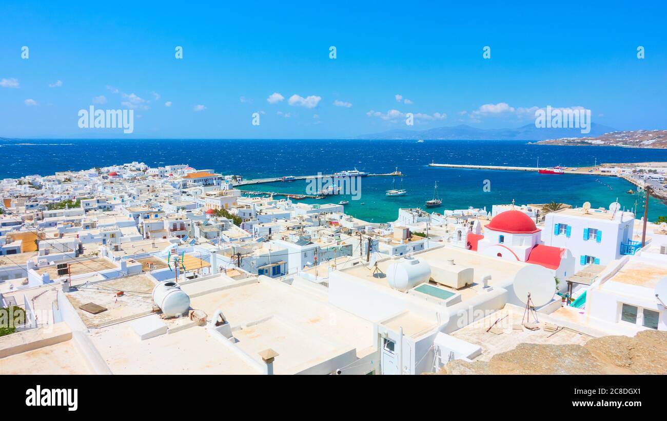 Panoramic view of Mykonos town (Chora) by the sea, Greece. Greek scenery Stock Photo
