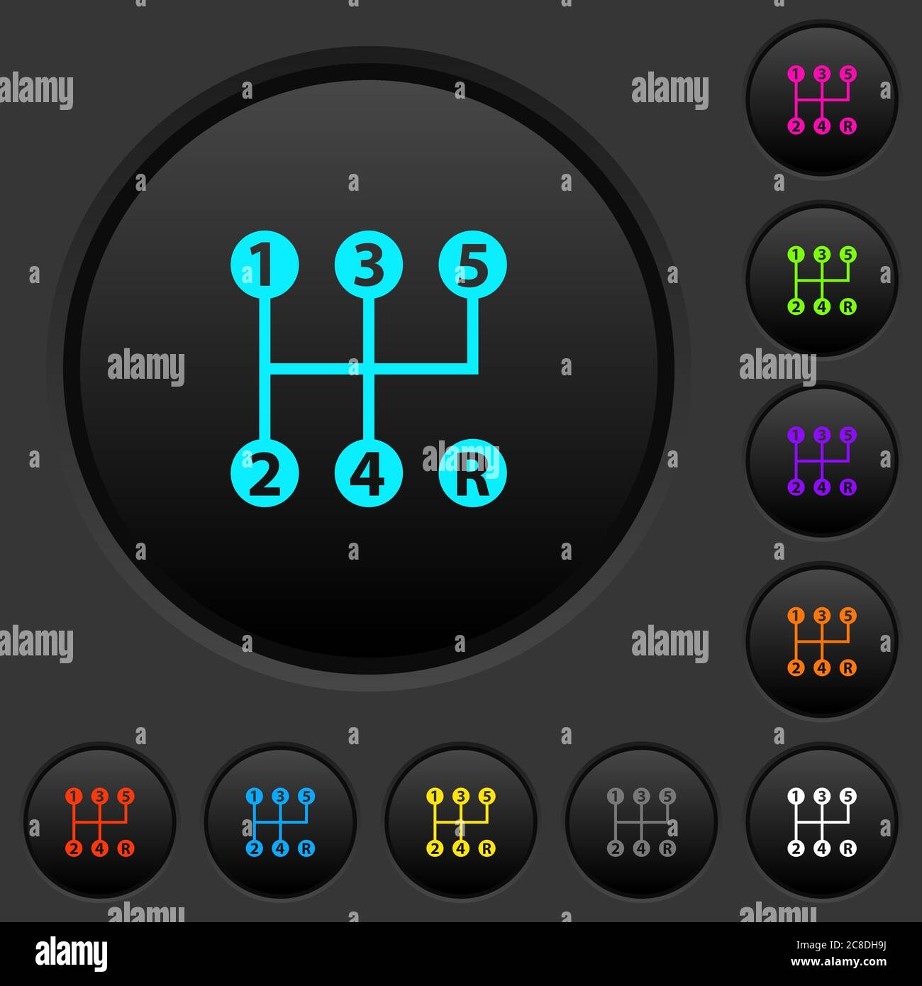 five speed manual gear shift dark push buttons with vivid color icons